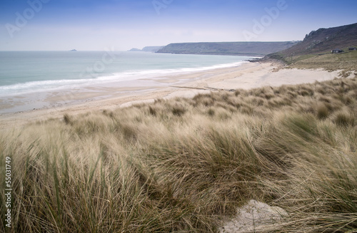 Sennen Cove beach and sand dunes before sunset