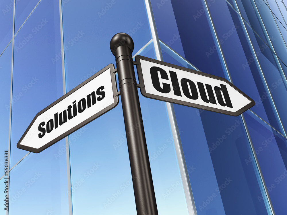 Cloud networking concept: Cloud Solutions on Building background