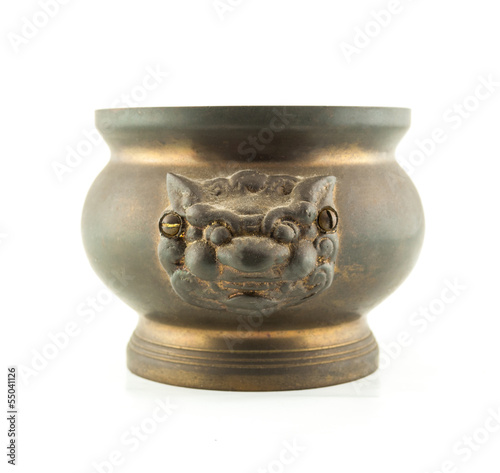 joss stick pot incense burner with lion statue on white