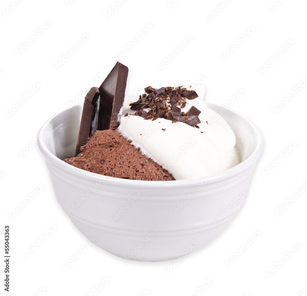 Dark chocolate mousse dessert with whipped cream on white Dark chocolate mousse dessert with whipped cream on white