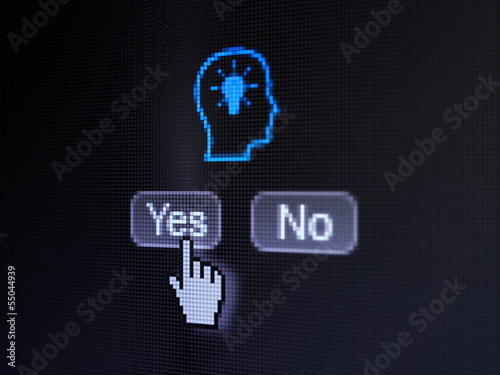 Advertising concept: Head With Lightbulb on digital computer scr