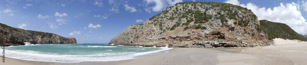 View of Cala Domestica beach, town of Buggerru, Sardinia, Italy