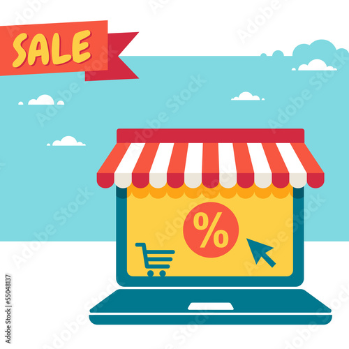 Online store. Sale. Laptop with awning