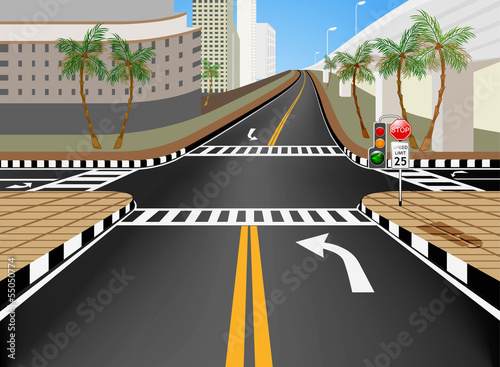 Traffic intersection in the city vector cartoon background