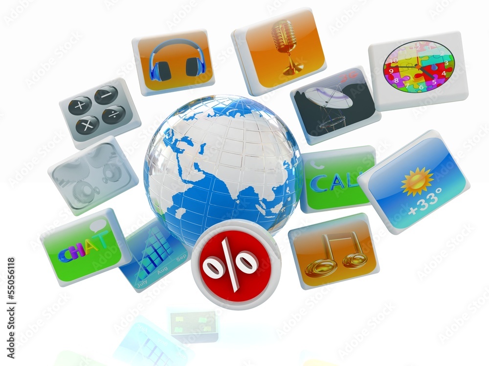 Earth and percent with cloud of media application Icons