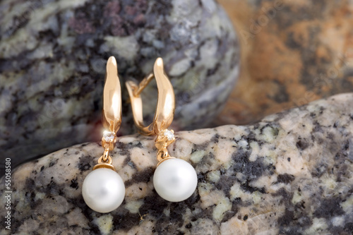 Gold Earrings with Diamonds and Pearls on the natural stones bac © Taiga