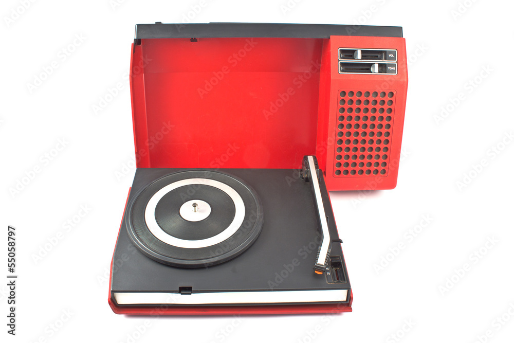 Fototapeta premium Vintage record player - portable turntable isolated on white