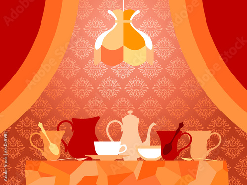 Old-Fashioned Tea Party.  Dining room's graphic still life