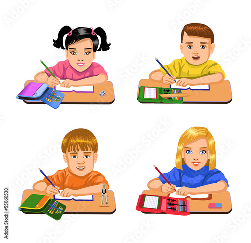 schoolchildren, sitting at their desks
