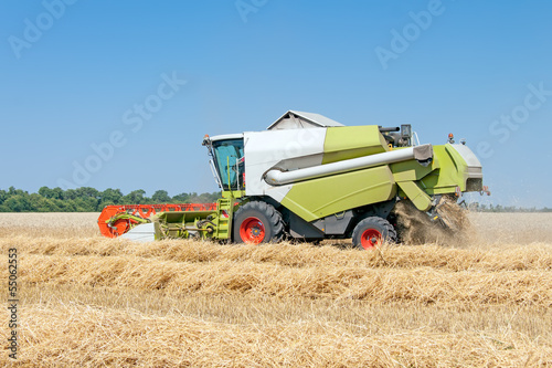 Combine harvests wheat on a field in sunny summer day