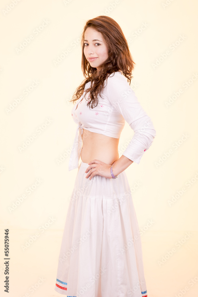 woman wearing traditional hispanic red dress