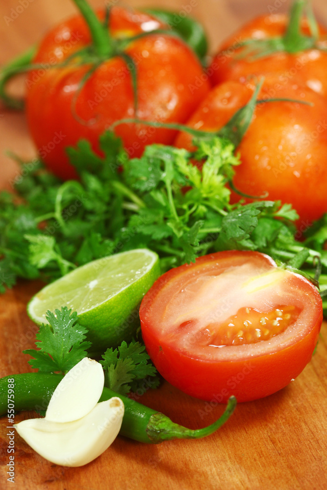 Salsa Ingredients of Avocado, Cilantro, Tomatoes and Peppers