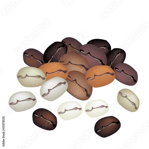 Different Colors of Coffee Beans Stack on White Background