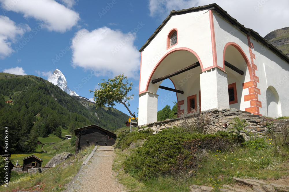 Chapel at Furri with Matterhorn in Swiss alps