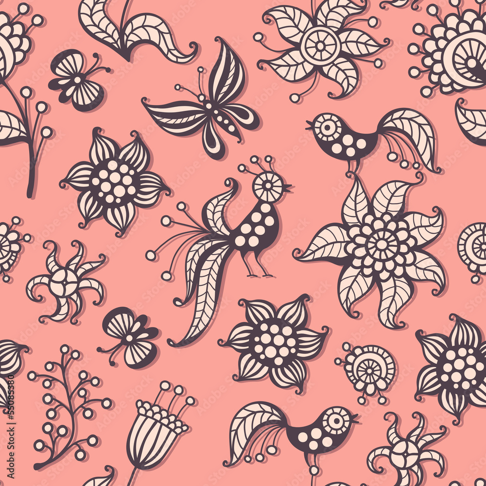 Cute seamless pattern with birds, butterflies and flowers Cute seamless pattern with birds, butterflies and flowers