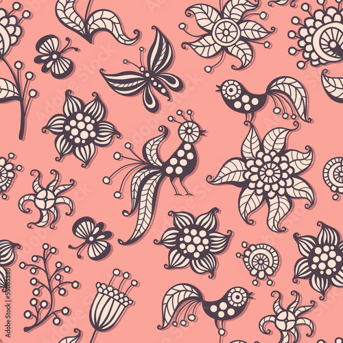 Cute seamless pattern with birds, butterflies and flowers