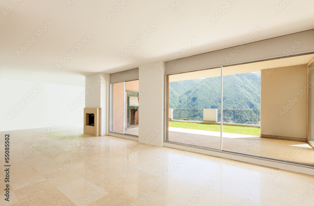 Interior apartment with garden, large room with windows Interior apartment with garden, large room with windows