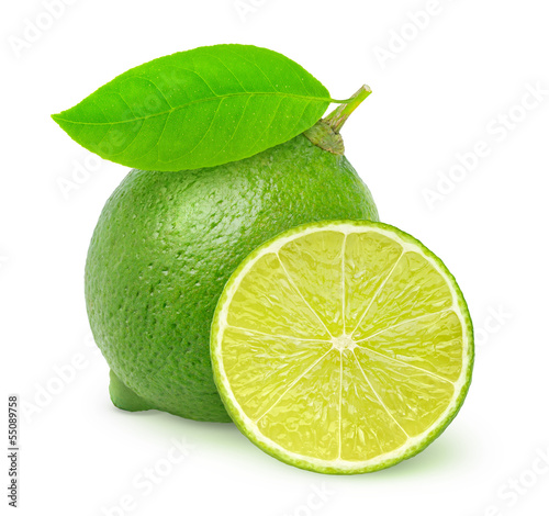 Isolated limes. Whole lime fruit and a slice isolated on white background
