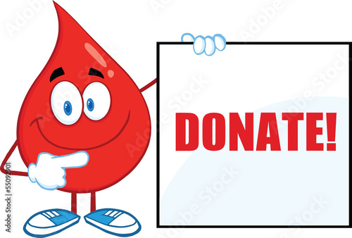 Red Blood Drop Cartoon Character Showing A Blank Sign With Text