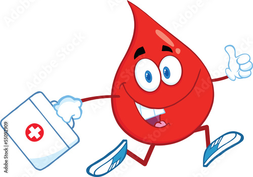 Red Blood Drop Character Running With A Medicine Bag