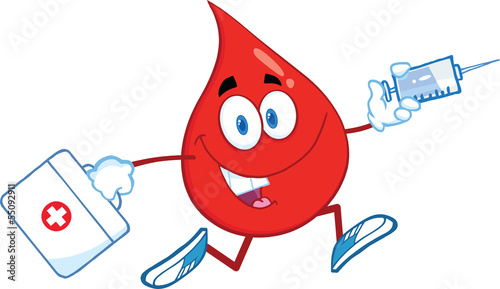Red Blood Drop Character Running With A Syringe And Medicine Bag