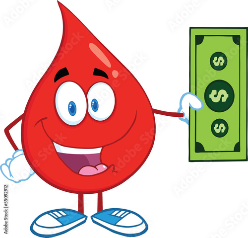 Red Blood Drop Character Showing A Dollar Bill