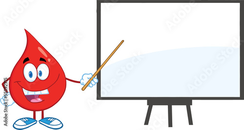 Red Blood Drop Character With Pointer Presenting On A Board