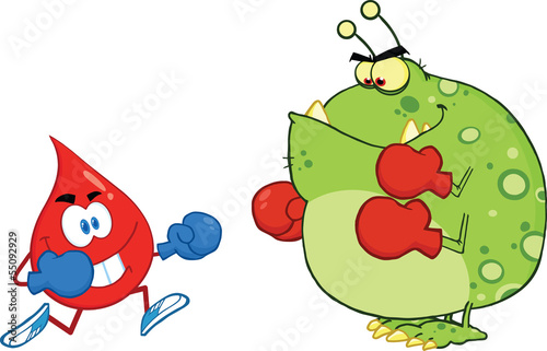 Red Blood Drop Character Fighting With Germ Or Virus