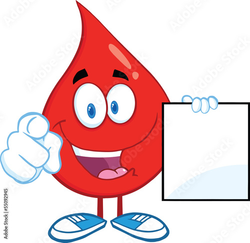 Red Blood Drop Pointing With Finger And Holding A Blank Page