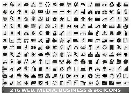 216 web, media, social, business icons/buttons