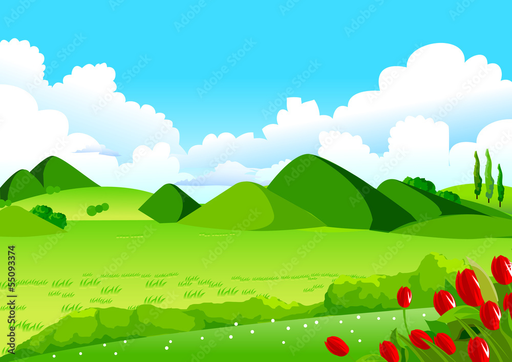 Obraz premium Blue Sky, Green Fields and Distant Hills