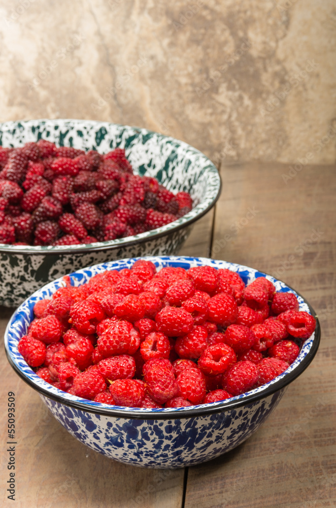 Bowls of red raspberries and tayberries Bowls of red raspberries and tayberries