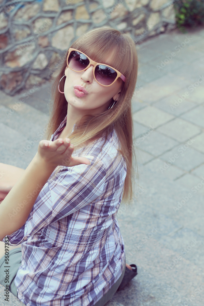 Beautiful woman with bangs. pictures in warm colors Beautiful woman with bangs. pictures in warm colors