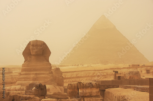 The Sphinx and Pyramid of Khafre in a sand storm, Cairo
