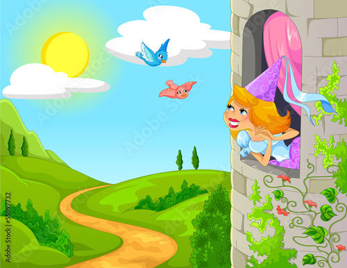 princess in a tower smiling to the birds
