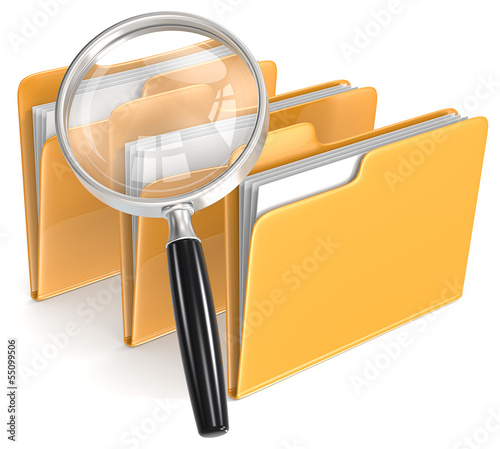 Search. Magnifying Glass over 3 folders. Orange. photo