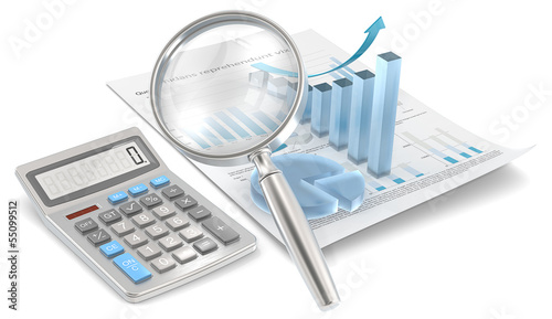 Growth.Magnifying glass, calculator, 3D Graph and pie chart