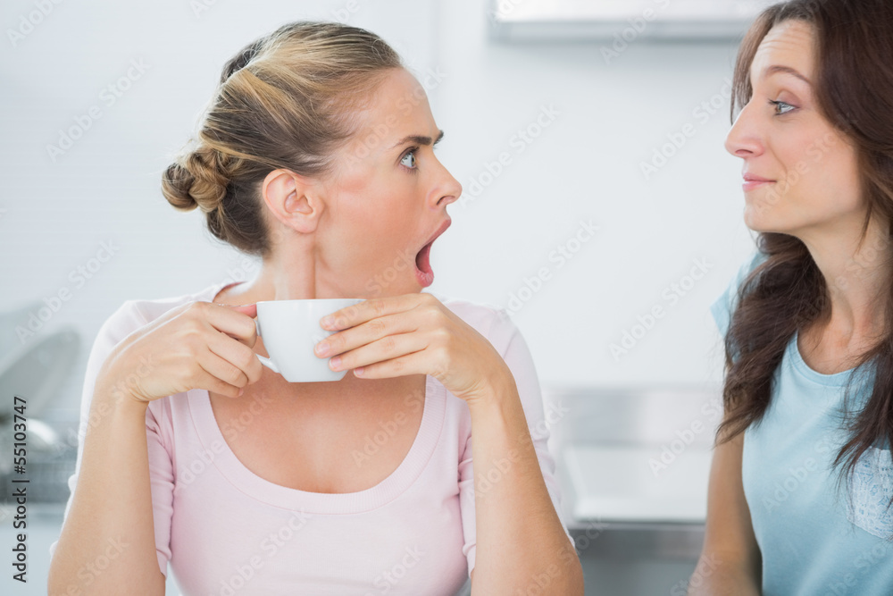 Stunned blonde looking at her quiet friend Stunned blonde looking at her quiet friend