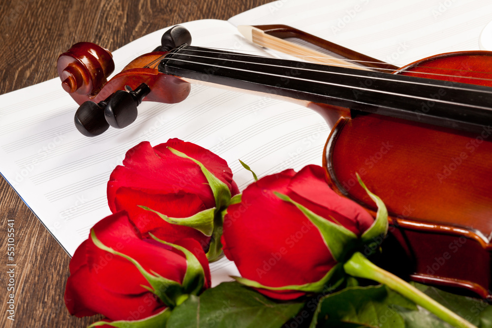 Fototapeta premium Red roses and a violin