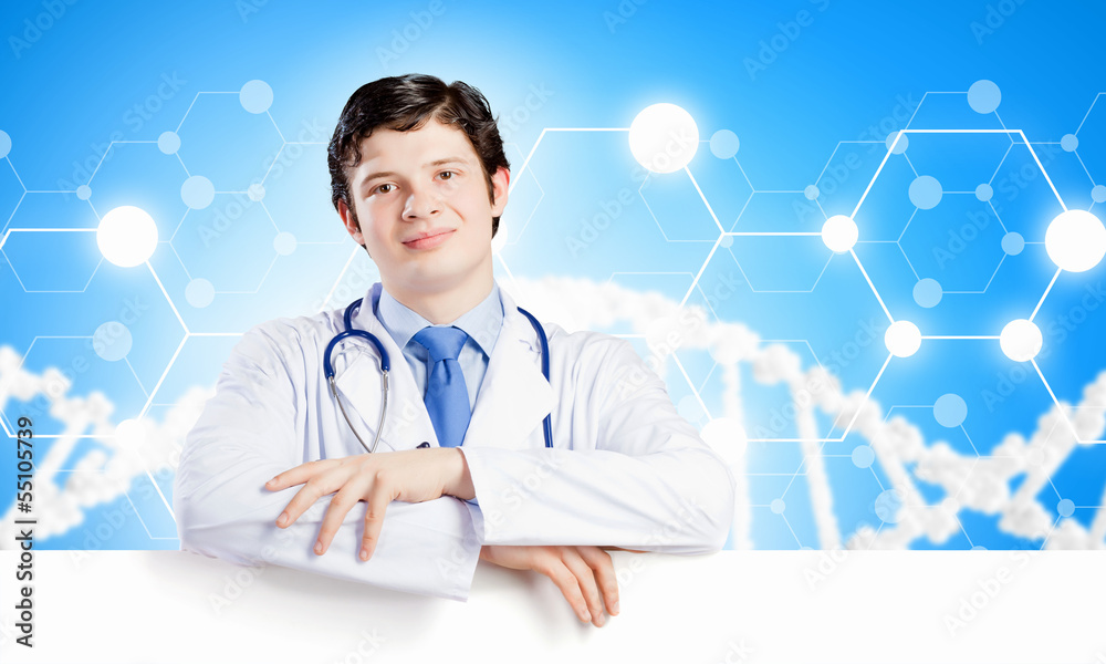 Doctor with blank banner Doctor with blank banner