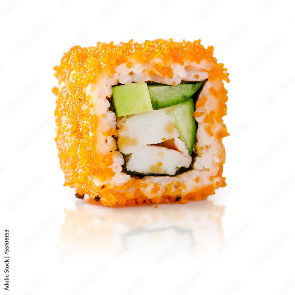 traditional fresh japanese sushi rolls on a white background