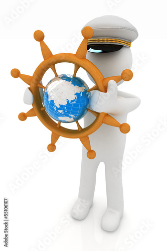 Sailor with wood steering wheel and earth. photo