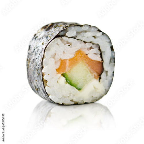 traditional fresh japanese sushi rolls on a white background