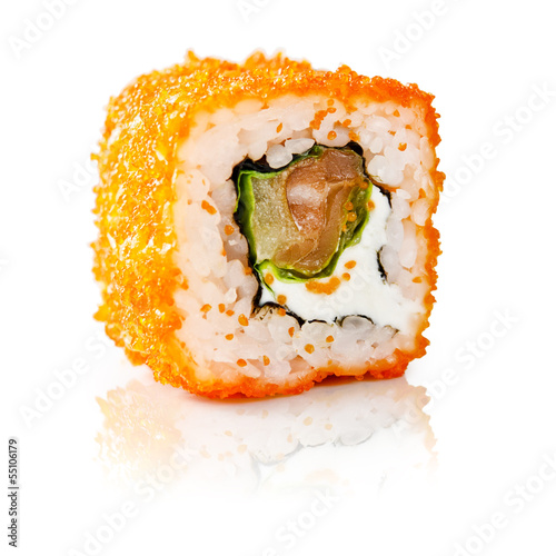 traditional fresh japanese sushi rolls on a white background
