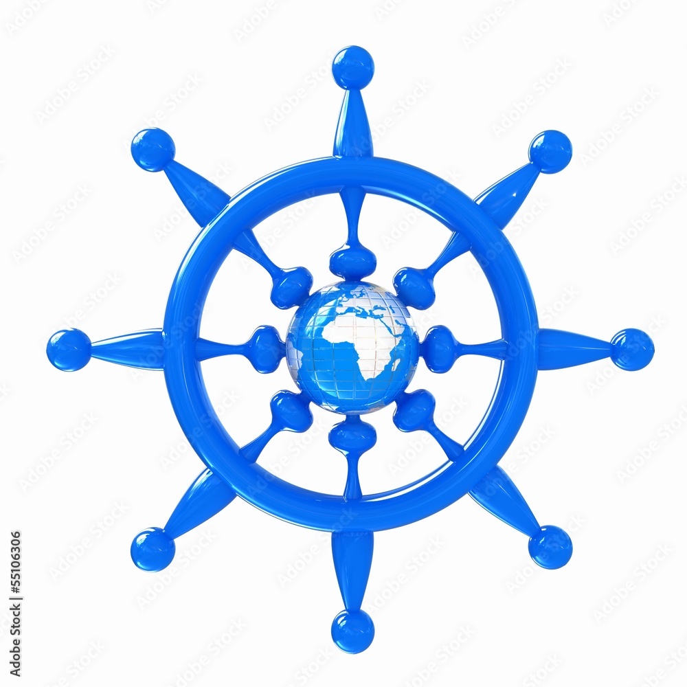 Steering wheel with Earth. Trip around the world concept Steering wheel with Earth. Trip around the world concept