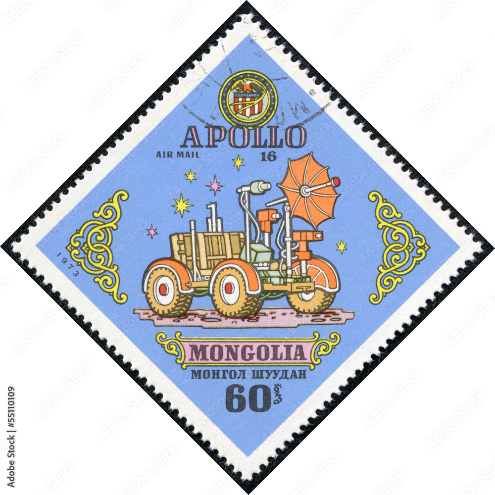 stamp printed by Mongolia, shows Apollo 16 moon rover