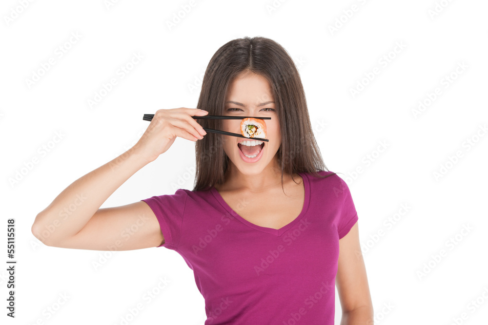 Woman with sushi. Beautiful mixed race woman holding sushi in ch Woman with sushi. Beautiful mixed race woman holding sushi in ch
