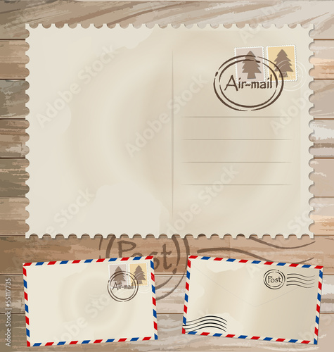 Vintage postcard designs, envelope and postage stamps. Vector EP