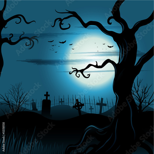 Creepy tree Halloween background with moon and cemetery eps 10