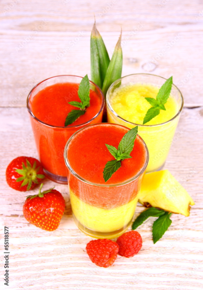 Raspberry, strawberry and pineapple smoothie mixed, deco Raspberry, strawberry and pineapple smoothie mixed, deco